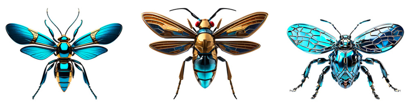 Above view of metallic chromed futuristics insects isolated on transparent background. 