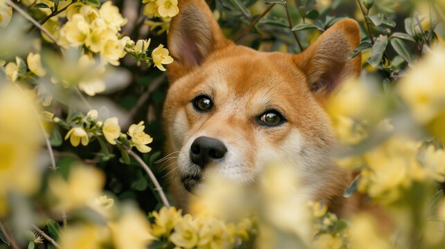 Bliskie ujęcie psa otoczonego kwiatami, wiosną. Shiba inu jest spokojny i skupiony na kamerze. 