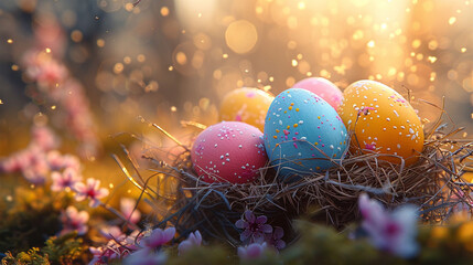 background of Easter holiday close-up with gradient  eggs  and copy space - 760637335