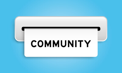 White coupon banner with word community from machine on blue color background