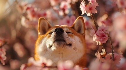 Shiba Inu relaksuje się z zamkniętymi oczami, wśród wiosennych rozkwitniętych jasno różowych kwiatów. zamkniętymi oczami.