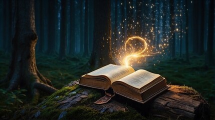 Magic open book in a dark forest, rays of light.