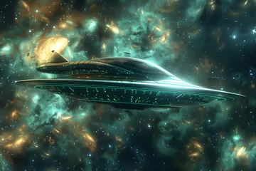 Photo sur Plexiglas UFO Außerirdisches Raumschiff: Illustration eines UFOs in geheimer Mission im Weltraum