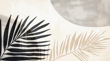 Obraz premium Liście palmy i okręgi, wykonane czarnym i szarym atramentem na białym tle. Obraz ukazuje harmonię natury wiosną z cieniami.