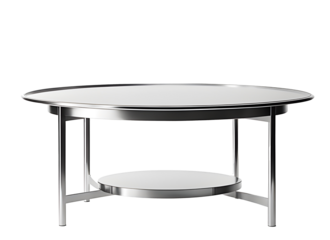 A modern round table with shiny metallic or steel texture isolated on transparent background. Silver table.