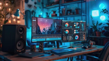 A creative workspace setup with dual monitors, graphic tablet, and mood board, highlighting the blend of technology and design in a home environment