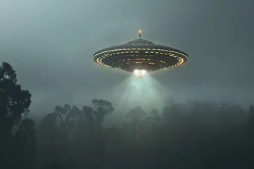 Foto auf Acrylglas Antireflex Außerirdisches Raumschiff: Illustration eines UFOs in geheimer Mission im Weltraum © Seegraphie