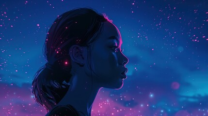 Młoda kobieta z kucykiem stojąca na tle nieba wypełnionego gwiazdami, odzwierciedlając nocną scenerię. Kolory to fiolet i niebieski - obrazy, fototapety, plakaty