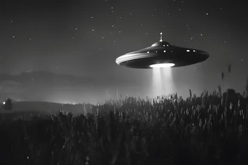 Fotobehang Außerirdisches Raumschiff: Illustration eines UFOs in geheimer Mission im Weltraum © Seegraphie