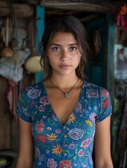 Fototapeta premium Youthful asian female in floral dress, thoughtful expression, rustic shop setting adds to natural charm. Natural grace in bloom, young lady wears botanic-patterned garment, antique surroundings