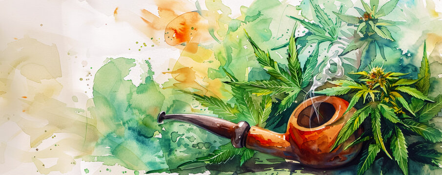 A colorful banner with a watercolor image of colorful cannabis leaves and a wooden smoking pipe. The concept of International Marijuana Day.