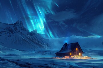 Northern lights viewing in Iceland, snowy landscape, Solitary homestead emanates inviting light,...