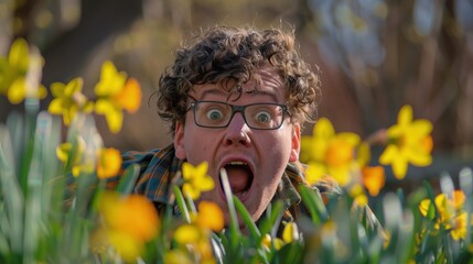 Mężczyzna noszący okulary wyraża zdumienie na twarzy, patrząc na piękno wiosennej natury. Jest w polu pełnym kwiatów wiosennych. - obrazy, fototapety, plakaty