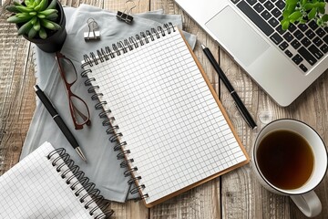 Tech and stationery rest on gray fabric; a checked spiral notebook is ready for notes. Fresh tea provides a comforting start to tasks ahead. Silver laptop sits near writing gear on a textured surface,