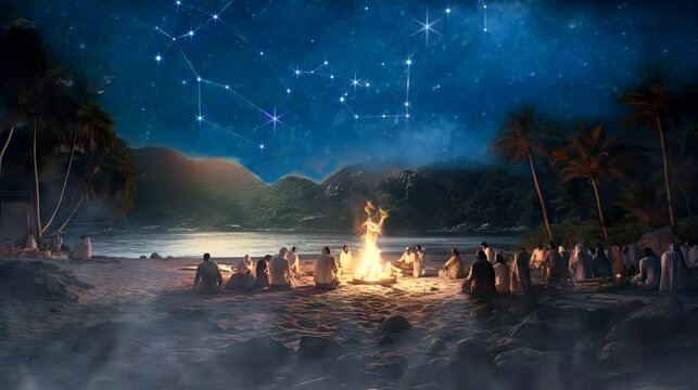 a captivating scene of a beach bonfire surrounded by friends and family, sharing stories and breaking fast during the tranquil Ramadan night. seamless looping time-lapse virtual 4k video animation