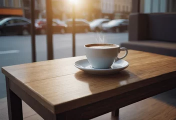 Rolgordijnen cup of hot coffee and tea on wood table besides window © Алексей Ковалев