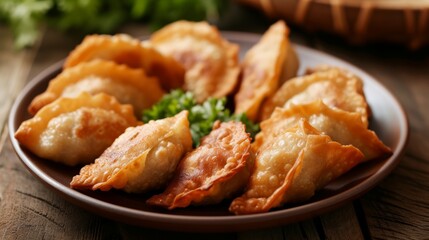 Plate with tasty fried dumplings on wooden table, closeup