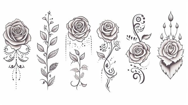 Set of Ethnic rose ornaments on white background, tattoos