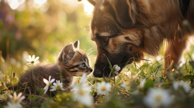 Fototapeta Spring Companionship - small weak friend big strong, --ar 16:9 --style raw --v 6 Job ID: c8c2b69e-5dd7-4af0-855b-1b4b5784db2f