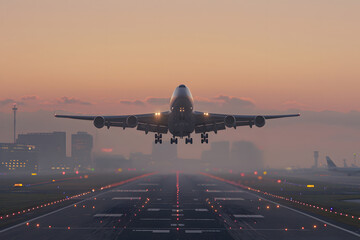 Flugzeug im Sonnenaufgang: Spektakuläre Luftaufnahme eines startenden Flugzeugs während des Morgendämmers