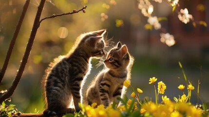 Randka pary kociąt, romantyczna scena. Kocięta są małe i słabe, ale wyglądają na przyjaciół. Podziwiają siebie nawzajem w wiosennej scenerii. - obrazy, fototapety, plakaty