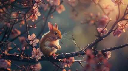 Mały gryzoń siedzi na gałęzi drzewa. Jedząc wśród różowych zakwitających kwiatów - obrazy, fototapety, plakaty
