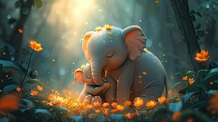 a tender moment of a mother elephant being gently hugged by a cute baby with her trunk. Animal love - obrazy, fototapety, plakaty