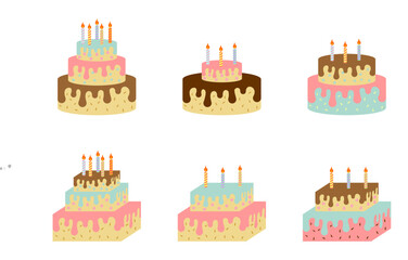 Birthday Cakes vector set. flat design illustration isolated on white background.