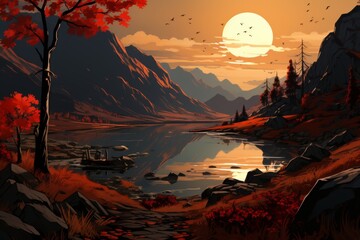 Northwest school inspired serene mountain sunset by lake, japanese influence in photorealistic style - obrazy, fototapety, plakaty