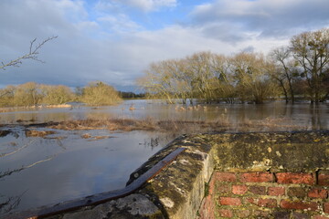 the flooded landscape at Pershore at the beginning of the year 2024