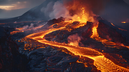 Nighttime River of Lava with Billowing Smoke - obrazy, fototapety, plakaty