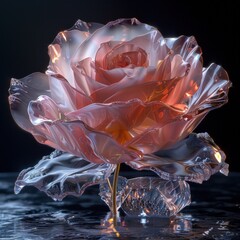 A translucent glass rose catches light, creating a luminous floral display.