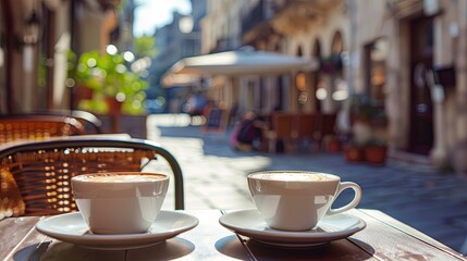 Cup of coffee on cafe table and city town street wallpaper background - obrazy, fototapety, plakaty