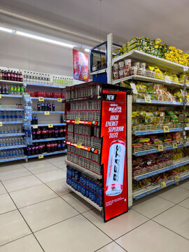 Mumbai - Mar 17: Indian Supermarket, department store, product shelves, shopping aisle for food, shop, grocery stores in India, display counter for sale, discounts and ads, danglers, POSM standee. POS