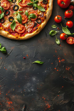 Top view of pizza for food background with empty space for text, Generative AI.