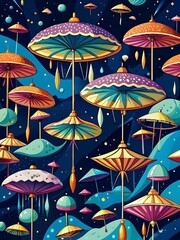 Fototapeta na wymiar Colorful Umbrellas Floating in a Starry Space