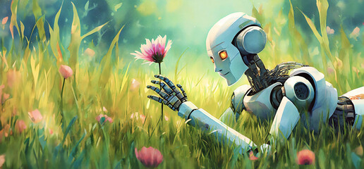 robot dalle sembianze umanoidi sdraiato in un prato che osserva un fiore - obrazy, fototapety, plakaty