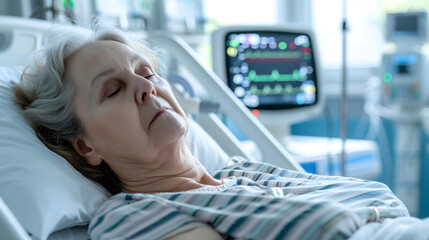 Middle-Aged Woman on Life Support in Hospital Ward - obrazy, fototapety, plakaty