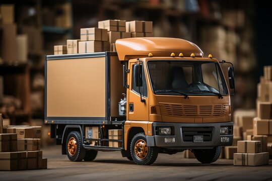 Delivery Or Movers Service Van With Cardboard Boxes For Fast Delivery And Logistic Shipments Concepts With Empty Mockup Copyspace