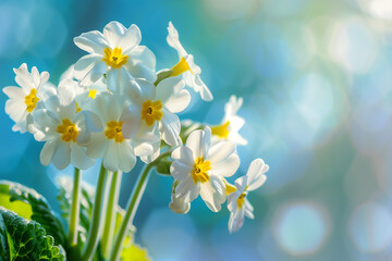 White flowers primroses in spring season on a beautiful blue background macro. Generative AI.