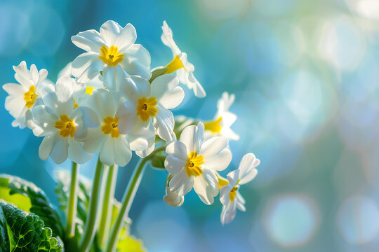 White flowers primroses in spring season on a beautiful blue background macro. Generative AI.