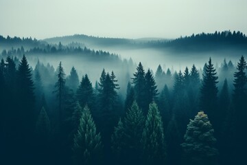 Hyper realistic british landscape  mountain shrouded in fog with trees, ethereal panorama - obrazy, fototapety, plakaty