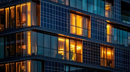 Obraz premium Solar Panels Illuminating Office Building Facade at Night: A Statement of Sustainable Urban Architecture