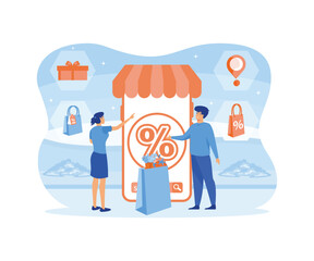 Internet digital store scene with woman on shopping. fast online delivery service. Hands holding a package box with groceries out of mobile screen. flat vector modern illustration