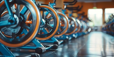 Array of stationary bikes in brightly lit fitness studio promoting healthy living. Concept Fitness Studio, Stationary Bikes, Healthy Living, Bright Lighting, Exercise - obrazy, fototapety, plakaty