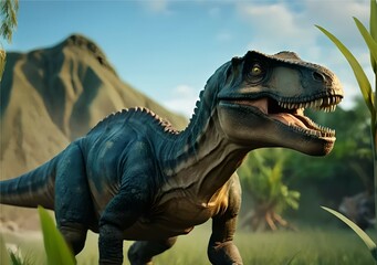 Dinosaurs in the Triassic period age in the green grass land and blue sky background, Habitat of...