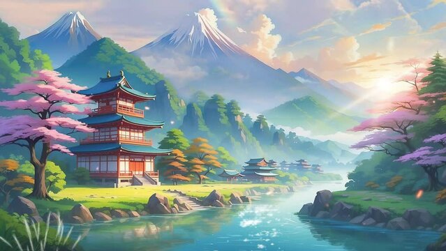 Zen Atmosphere: Traditional Japanese House and Temple with Scenic Lake and Mountains in 4K Loop