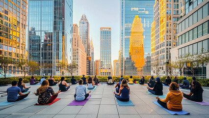 An urban yoga class during sunset with a tranquil group of people meditating in front of a city skyline.