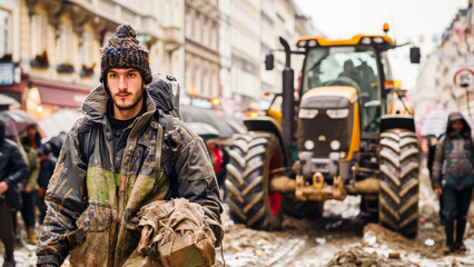 A young construction worker in dirty workwear carries materials on a busy city street during winter.