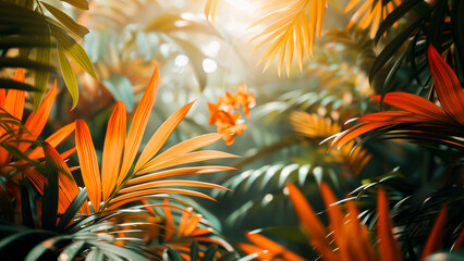 A tranquil tropical garden with vibrant green leaves and orange flowers basking in the warm sunlight.